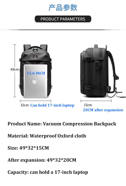Travel Men's 17-Inch Laptop Backpack – Expandable Business and School Bag with Vacuum Compression and Large Capacity