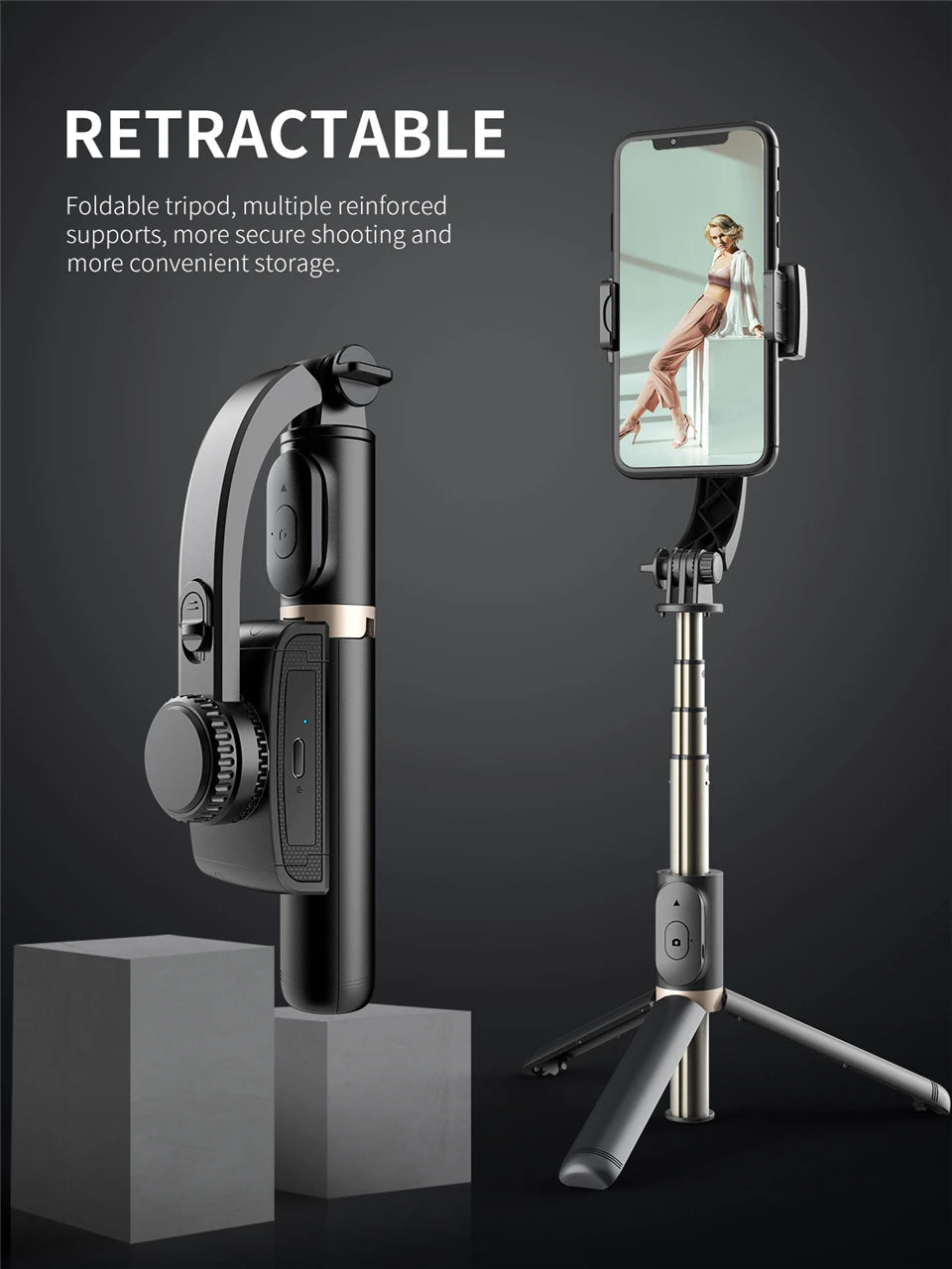 Roreta 2024 Gimbal Stabilizer Selfie Stick – Foldable Wireless Tripod with Bluetooth Remote for iOS and Android