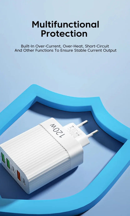 USB Fast Charger 5 Ports 120W – PD Type C Quick Charge Adapter for iPhone, Samsung, Xiaomi, Huawei, and More
