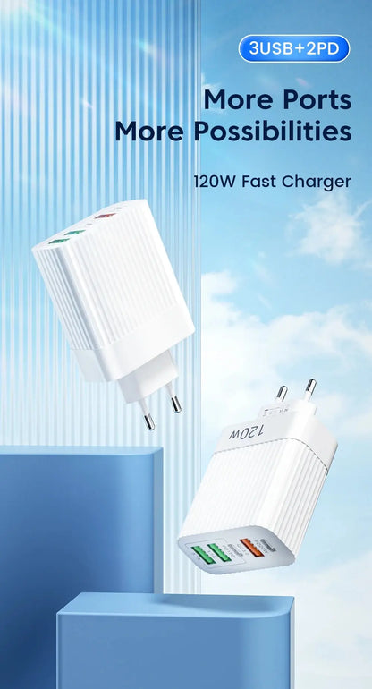 USB Fast Charger 5 Ports 120W – PD Type C Quick Charge Adapter for iPhone, Samsung, Xiaomi, Huawei, and More