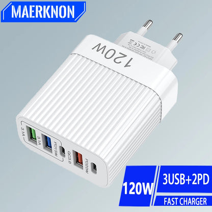 USB Fast Charger 5 Ports 120W – PD Type C Quick Charge Adapter for iPhone, Samsung, Xiaomi, Huawei, and More