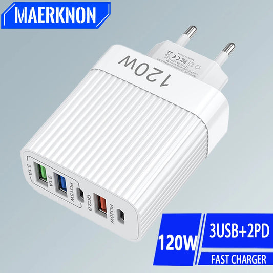 USB Fast Charger 5 Ports 120W – PD Type C Quick Charge Adapter for iPhone, Samsung, Xiaomi, Huawei, and More