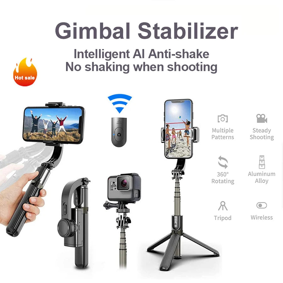 Handheld 1-Axis Gimbal Stabilizer with Selfie Stick & Tripod Stand - Wireless Bluetooth Remote for iPhone and Android