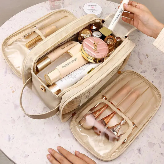 Multifunctional Makeup Bag for Women - Large Capacity PU Leather Travel Makeup and Toiletry Organizer with Double Zipper