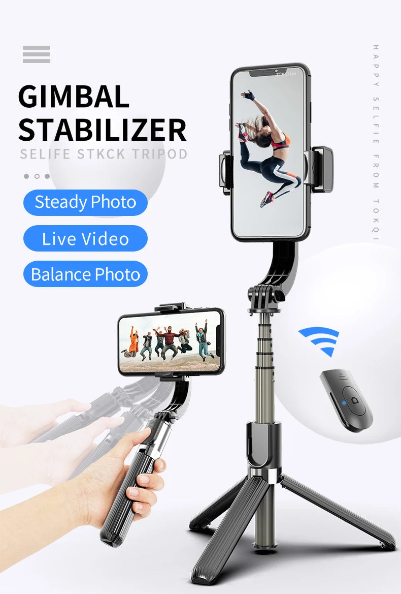 Handheld 1-Axis Gimbal Stabilizer with Selfie Stick & Tripod Stand - Wireless Bluetooth Remote for iPhone and Android
