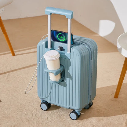 18 Inch Travel Suitcase Multifunctional Suitcase Boarding Box Student Trolley Password Case Rolling Luggage Bag with Cup Holder