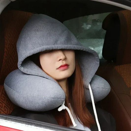 Hooded U-Shaped Travel Neck Pillow – Memory Foam Cushion for Car, Office, Airplane, and Noon Breaks