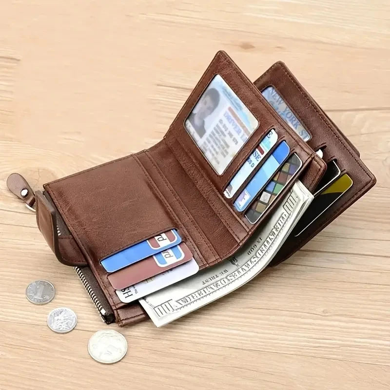 Men's RFID Blocking PU Leather Wallet - Compact Coin Purse & Zippered Business Card Holder