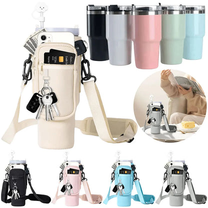 Adjustable Water Bottle Holder Bag with Shoulder Strap and Multi-Pockets – Compatible with Stanley 40oz Cup