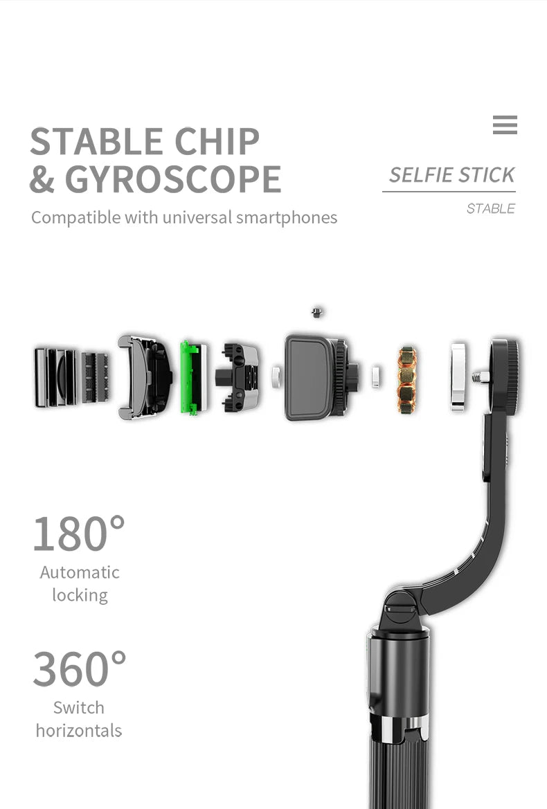 Handheld 1-Axis Gimbal Stabilizer with Selfie Stick & Tripod Stand - Wireless Bluetooth Remote for iPhone and Android