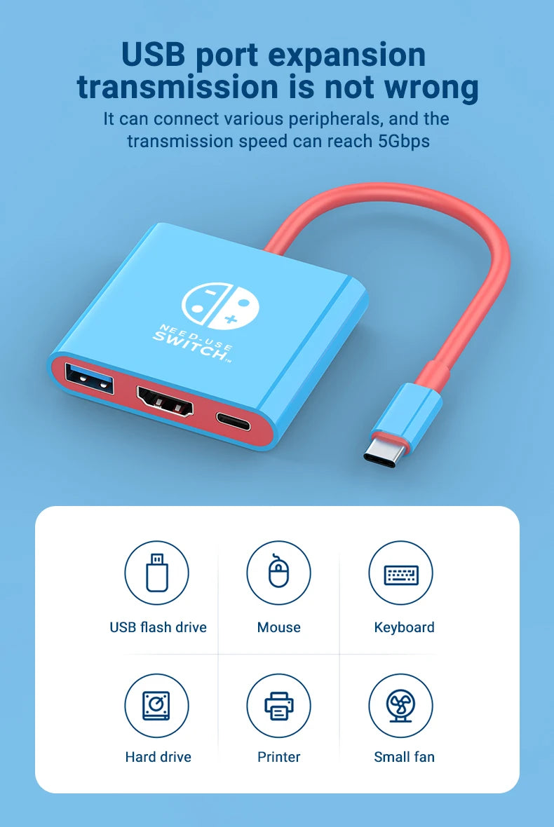 Portable Nintendo Switch Docking Station - 3-in-1 USB-C Hub with HDMI and USB 3.0 for Travel and Gaming