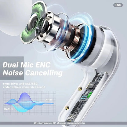 TWS Wireless Earphones with Transparent Design – Bluetooth 5.3 In-Ear Headset with ENC and LED Power Display