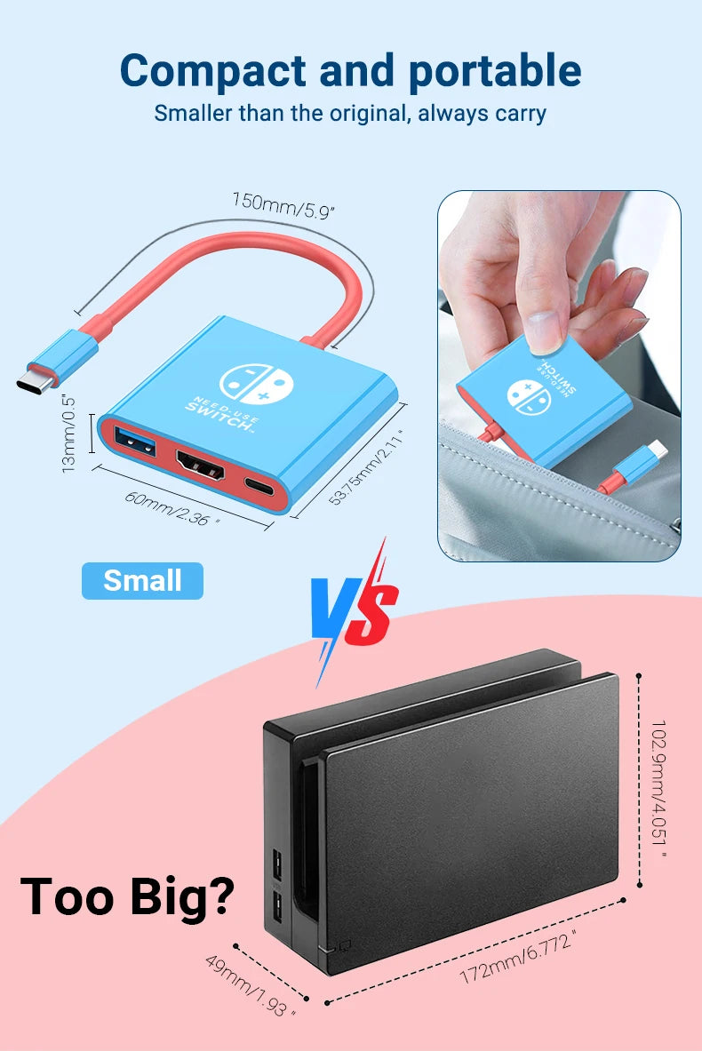 Portable Nintendo Switch Docking Station - 3-in-1 USB-C Hub with HDMI and USB 3.0 for Travel and Gaming