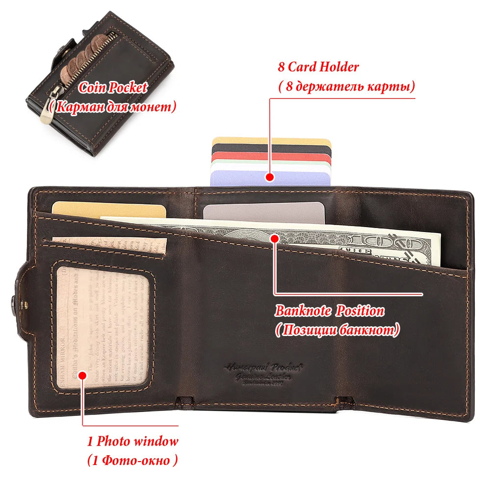 Genuine Leather RFID Blocking Pop-Out Smart Wallet – Luxury AirTag-Compatible Purse Set