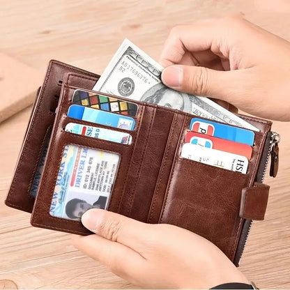 Men's RFID Blocking PU Leather Wallet - Compact Coin Purse & Zippered Business Card Holder