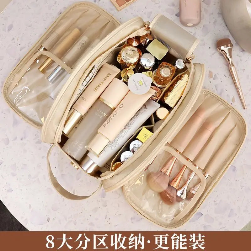 Multifunctional Makeup Bag for Women - Large Capacity PU Leather Travel Makeup and Toiletry Organizer with Double Zipper