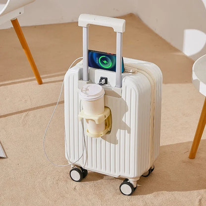 18 Inch Travel Suitcase Multifunctional Suitcase Boarding Box Student Trolley Password Case Rolling Luggage Bag with Cup Holder