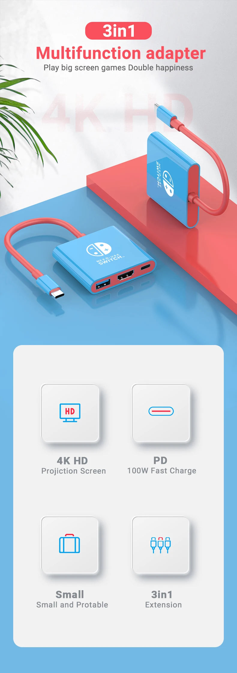 Portable Nintendo Switch Docking Station - 3-in-1 USB-C Hub with HDMI and USB 3.0 for Travel and Gaming