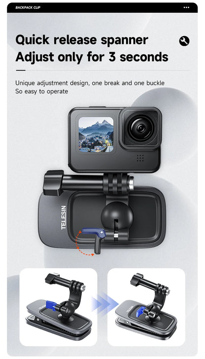 TELESIN 360° Rotation Magnetic Backpack Clip Mount for GoPro, Insta360, and DJI Action Cameras