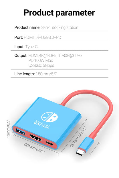 Portable Nintendo Switch Docking Station - 3-in-1 USB-C Hub with HDMI and USB 3.0 for Travel and Gaming