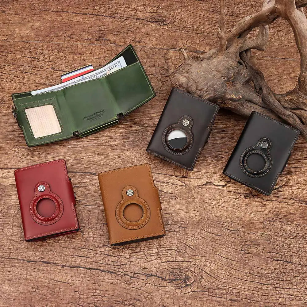 Genuine Leather RFID Blocking Pop-Out Smart Wallet – Luxury AirTag-Compatible Purse Set