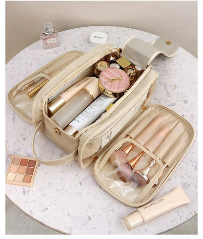 Multifunctional Makeup Bag for Women - Large Capacity PU Leather Travel Makeup and Toiletry Organizer with Double Zipper