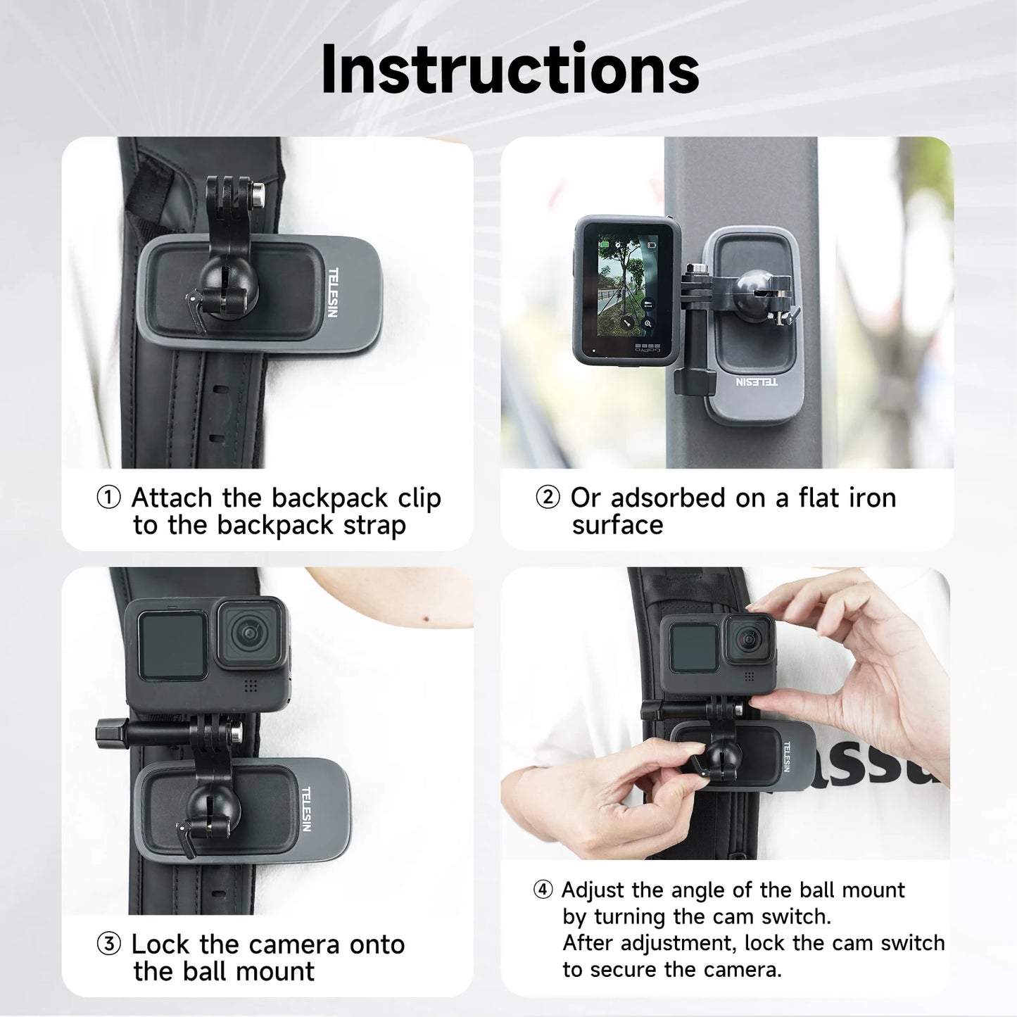 TELESIN 360° Rotation Magnetic Backpack Clip Mount for GoPro, Insta360, and DJI Action Cameras