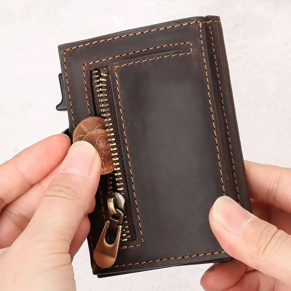 Genuine Leather RFID Blocking Pop-Out Smart Wallet – Luxury AirTag-Compatible Purse Set