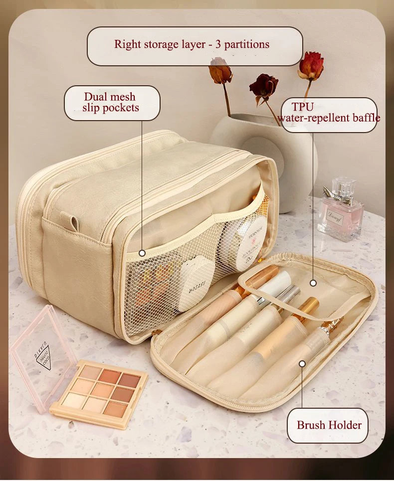 Multifunctional Makeup Bag for Women - Large Capacity PU Leather Travel Makeup and Toiletry Organizer with Double Zipper