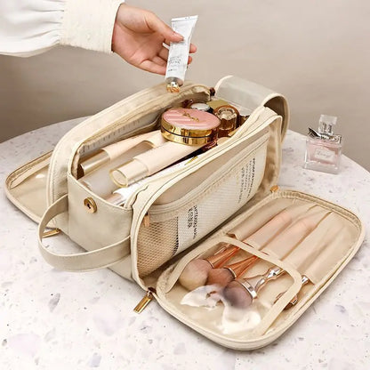 Multifunctional Makeup Bag for Women - Large Capacity PU Leather Travel Makeup and Toiletry Organizer with Double Zipper