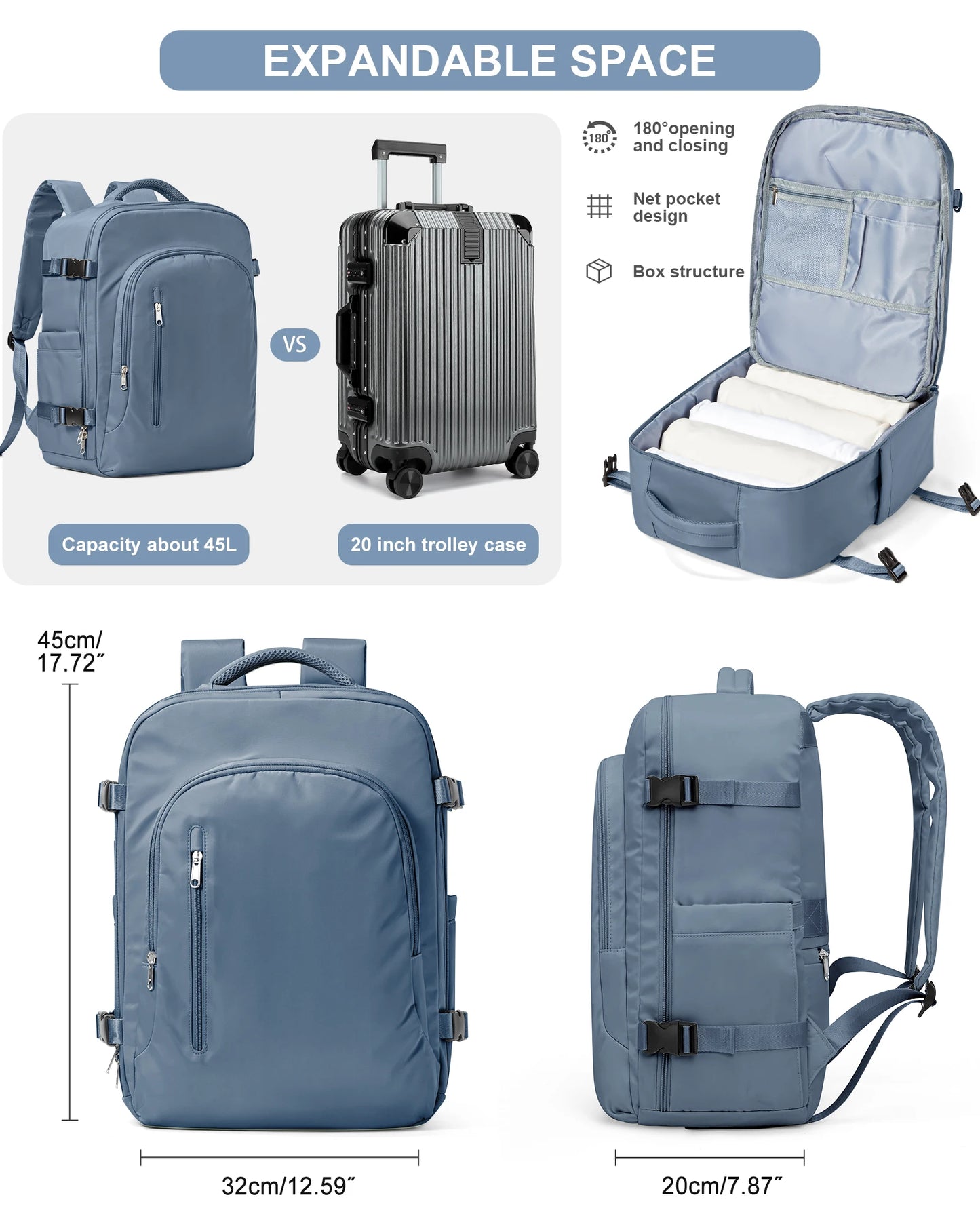 FLCC Large Capacity Travel Laptop Backpack for Women and Men - Airline-Approved Cabin Backpack for EasyJet and Ryanair