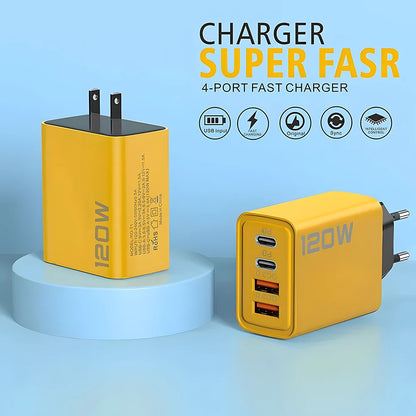 120W 4-Port USB-C Fast Charger - Perfect for Travel, Home, and Office