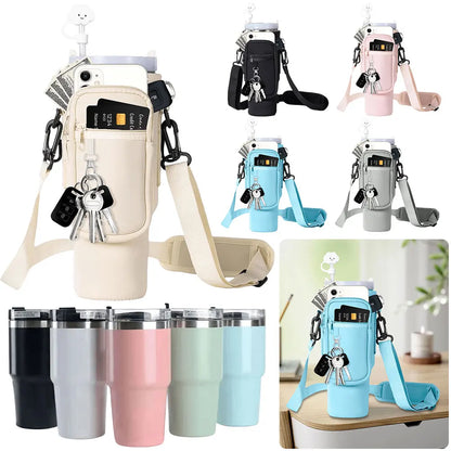 Adjustable Water Bottle Holder Bag with Shoulder Strap and Multi-Pockets – Compatible with Stanley 40oz Cup