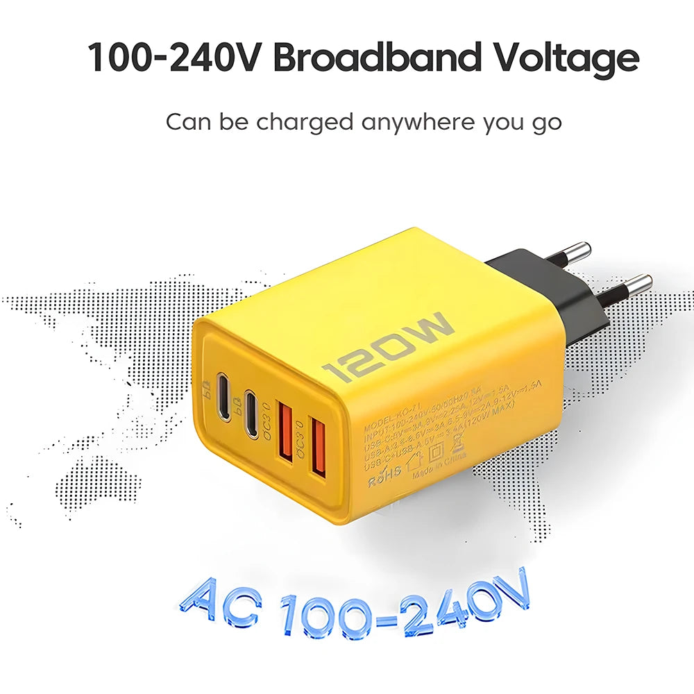 120W 4-Port USB-C Fast Charger - Perfect for Travel, Home, and Office